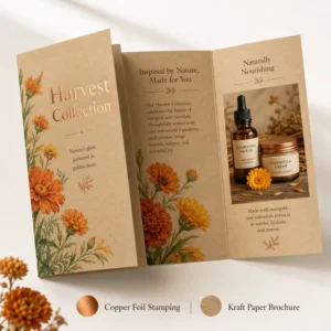 Custom Printed Tri Fold Brochure Foil Hot Stamping Art Recycled Kraft Paper Folded Leaflet For Cosmetic Gift Packaging