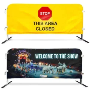 Custom Printed UV-Resistant Polyester Mesh Banner Cover for Aluminum Flagpole Crowd Control Barrier Temporary Fence