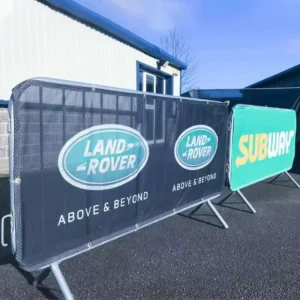 Custom Printed UV Waterproof Square Polyester Mesh String Flag Banner Cover for Aluminum Flagpole Crowd Control Barrier