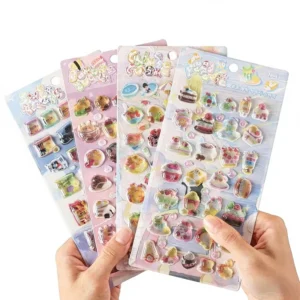 Custom Reusable Waterproof Eco Friendly Crystal PVC Adhesive Stickers Cute 3D Embossed UV Printed Holiday DIY Journal Decoration