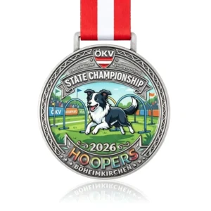 Custom Round Antique Silver Dog Agility Medal, Full Color Soft Enamel, Pet Show Championship Award