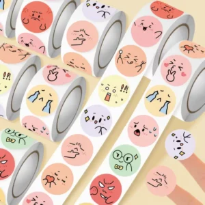 Custom Shape Circle Die Cut PVC Adhesive Stickers Cartoon Expression Logo for Promotional Events Candle Marketing Campaigns