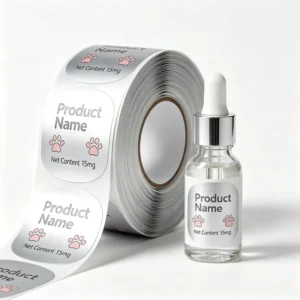 Custom Silver PET Vial Labels Waterproof Adhesive Stickers for Pet Medicine and Small Bottle Packaging