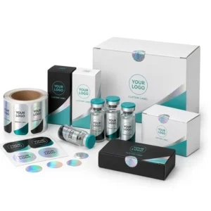 Custom Small Bottle Packaging Set with Vial Labels, Boxes, and Holographic Security Stickers