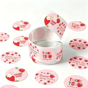 Custom Strawberry Thank You Stickers, Waterproof Round Sealing Labels for Cookie, Cake and Jam Jar Packaging