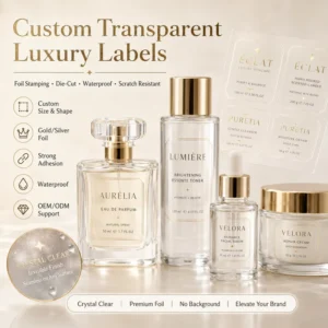 Custom Transparent Gold Foil Cosmetic Labels Waterproof Perfume Skincare Packaging Roll Stickers Custom Logo