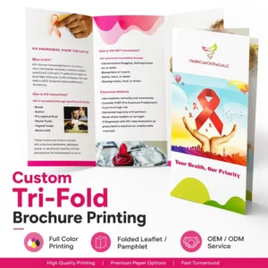 Custom Tri Fold Brochure Printing Full Color Offset Paper Varnished Finish OEM Promotional Flyer Manufacturer