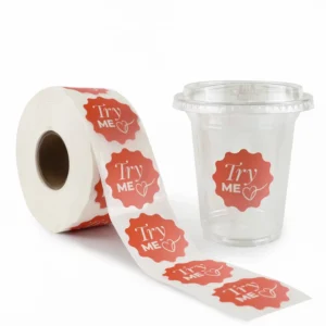 Custom Try Me Sample Stickers, Scallop Labels for Beverage Cup Packaging, Tasting Drinks, Cafes, Events and Retail Shops