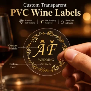 Custom Wedding Transparent Gold Foil PVC Waterproof Stickers for Gift Monograms Baptism Christening and Party Favors