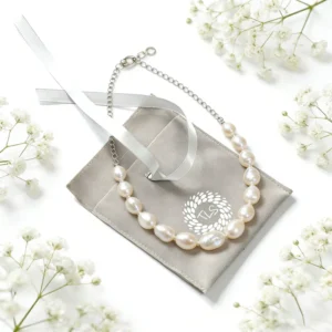 Custom White Logo Printed Light Gray Suede Jewelry Holder Bag for Earrings, Necklaces, and Bangles with Ribbon