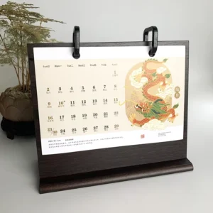 Custom Wood Spiral Desk Calendar Stand with CMYK Print Base and OPP Bag