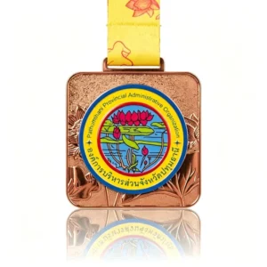 Custom Zinc Alloy Square Sports Commemorative Medal, Enamel Lotus Design, UV Printed, Laser Engraved, Ribbon