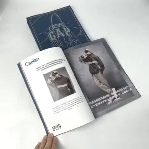 Custom high end corporate catalog navy blue art card product catalog with silver Pantone printing and thread binding