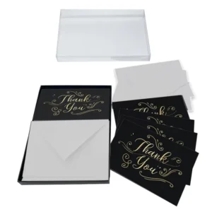 Customised Logo Gold Foil PVC Box Black Matte Small Note Cards With Envelopes Folded Thank You Custom