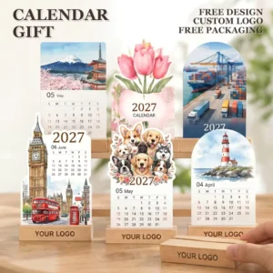Customizable Wooden Table Top Calendar With Photo Print 2027 Corporate Desk Calendar Bulk Promotional For Business