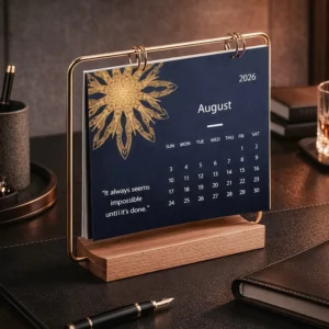 Customized Logo 52-Week Paper Planner with Wooden Stand, Weekly Monthly Desktop Calendar