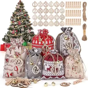 DIY Christmas Advent Calendar 24-Piece Burlap Gift Bags with Number Stickers, Clips and Twine
