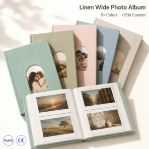 DIY Linen Wedding Photo Album with Arched Window, 60 PET Pockets for Wide Instant Photos, Custom Guest Book