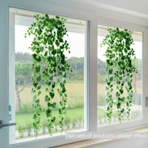 DJ7074 Creative Fresh Style Hanging Green Leaf Window Decal PVC 30x60cm Adhesive Free Static Cling for Living Room Bedroom
