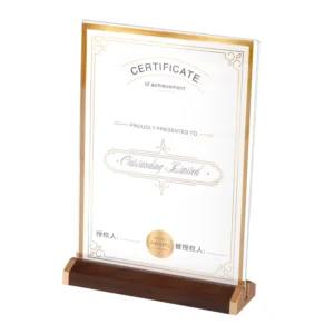 Desktop T-Shaped Clear Acrylic Menu and Display Sign Holder with Walnut Wood Base