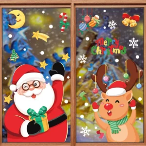 Double Printing Waterproof Vinyl Xmas Santa Snowman Static Sticker Merry Christmas Gift Sticker Window Clings