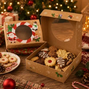 Eco-Friendly Recyclable Kraft Paper Christmas Cookie and Cake Boxes with Clear Window and Custom Logo for Bakery Party Favors
