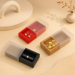 Eco Friendly Sliding Drawer Recyclable Paper Gift Box Frosted PVC Sleeve Custom Logo Jewelry Cosmetic Chocolate Small Packaging