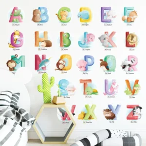 Educational Animal Alphabet Wall Decals Colorful A-Z Letters Cute Safari Animal Waterproof UV Resistant PVC Wall