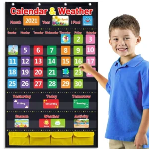 Educational Tool Weather Calendar Cards Hanging Pouch (Polyester 28×44.5 Inches) Helps Children Learn Dates Weather