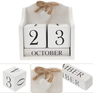 Elegant European Style Wooden Perpetual Calendar White Finish Date Display Desk Decor & Photography Prop