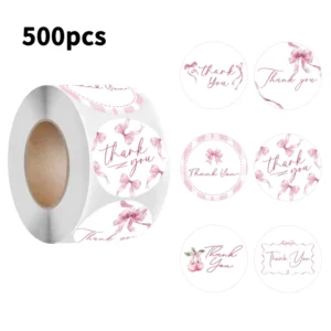 Factory 500 Pcs Roll Round Thank You Stickers Pink Bowknot Pattern Eco Friendly Self Adhesive Stickers