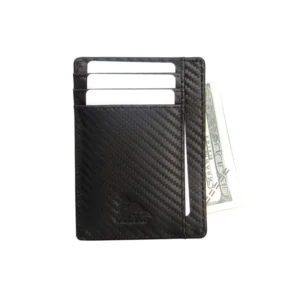 Factory Custom Logo Leather Card Holder, Black Carbon Fiber Leather, Men’s Small Credit Card Wallet