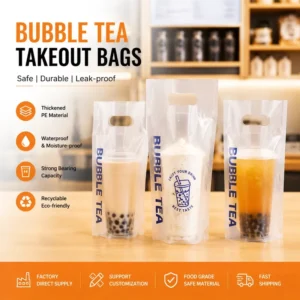 Factory Direct Custom Printed PE Drink Carrier Bags, Single/Double Cup, Coffee and Bubble Tea Takeout Packaging