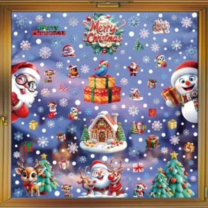 Factory Price Merry Christmas Theme Snowman Santa Claus Snowflake Shape PVC Glass Static Cling Sticker Window Decoration
