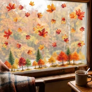 Fall Leaf Thanksgiving Window Clings Decor Stickers 9 Sheets Vinyl Double Sided Removable for Home Office Indoor Holiday Use