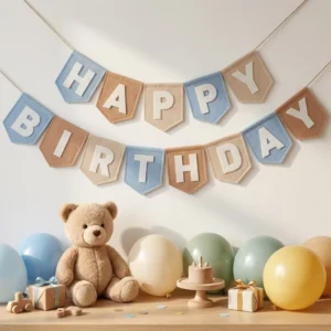 Felt Happy Birthday Banner Neutral Boho Pennant Flag Garland Reusable Fabric Bunting for Kids Birthday Party