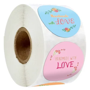 Floral Handmade Packaging Stickers on a Roll, Pink and Blue Labels for Small Business Gifts