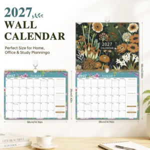 Floral Printing Wall Calendar with Clock LCD Display Spiral Hanging Monthly Planner To-Do/Shopping List for Home Office