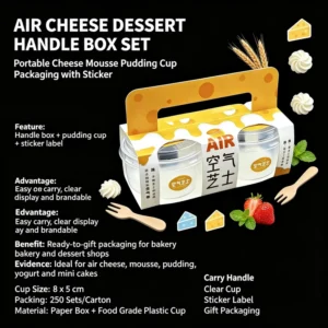 Food-Grade Disposable Cheese Packaging Set with Handle Paper Box, Clear Plastic Pudding Cup and Dessert Stickers