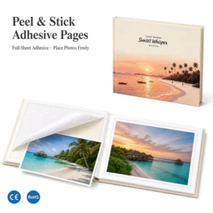Full-Print Linen Photo Album, 8 Self-Adhesive Pages, Silver Frame Border, 20x15cm
