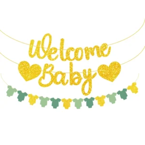 Glitter Gold Welcome Baby Banner Boys and Girls Gender Reveal Party Banner Birthday Baby Shower Decorations