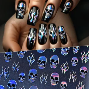 Glitter Skull Flame Nail Stickers 4 Colors Holographic Gothic Halloween Self Adhesive Nail Decals Punk Dark Style Nail Art Decor
