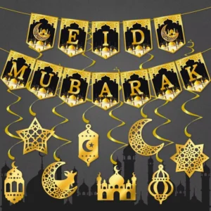 Gold Eid Mubarak Banner with Hanging Swirls Garland