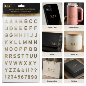 Gold Electroformed Nickel Letter Sticker 3D Embossed Metal Logo Transfer Label