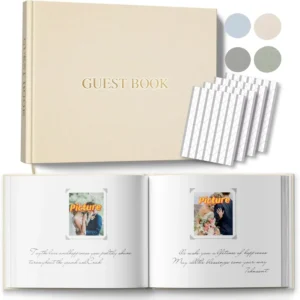 Gold Foil Beige Hardcover Personalized Wedding Guestbook, Linen, 9 x 7 in
