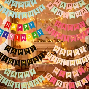 Gold Foil Paper Happy Birthday Banner, Fishtail, Stamped Party Decoration