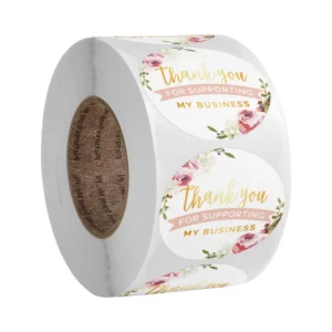 Gold Foil Thank You Stickers, Pink Floral Round Labels for Small Business Gift Packaging