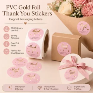Gold Foil Thank You Stickers Roll Waterproof Round Labels for Small Business Packaging Gift Boxes Floral Bouquets