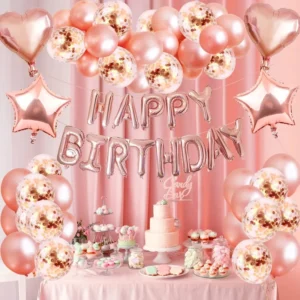 Gold and Rose Gold Balloon Set with Happy Birthday Banner and Fringe Curtain for Party Decorations