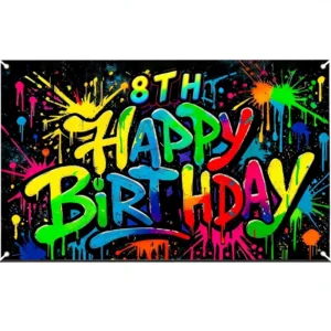 Graffiti 8th Birthday Banner and Backdrop with Splatter Art Design, Foldable Polyester